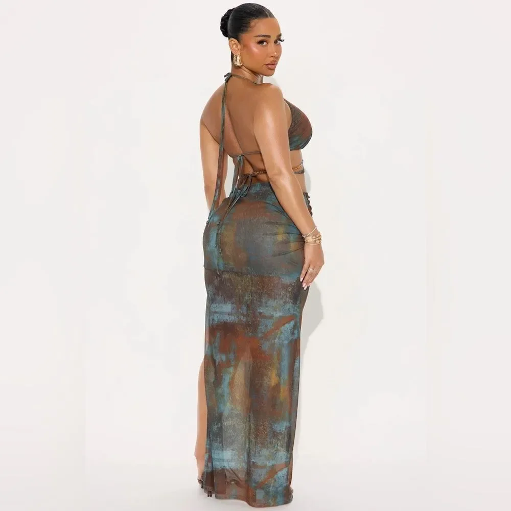 Sea Siren Maxi Skirt Set - Brown/combo